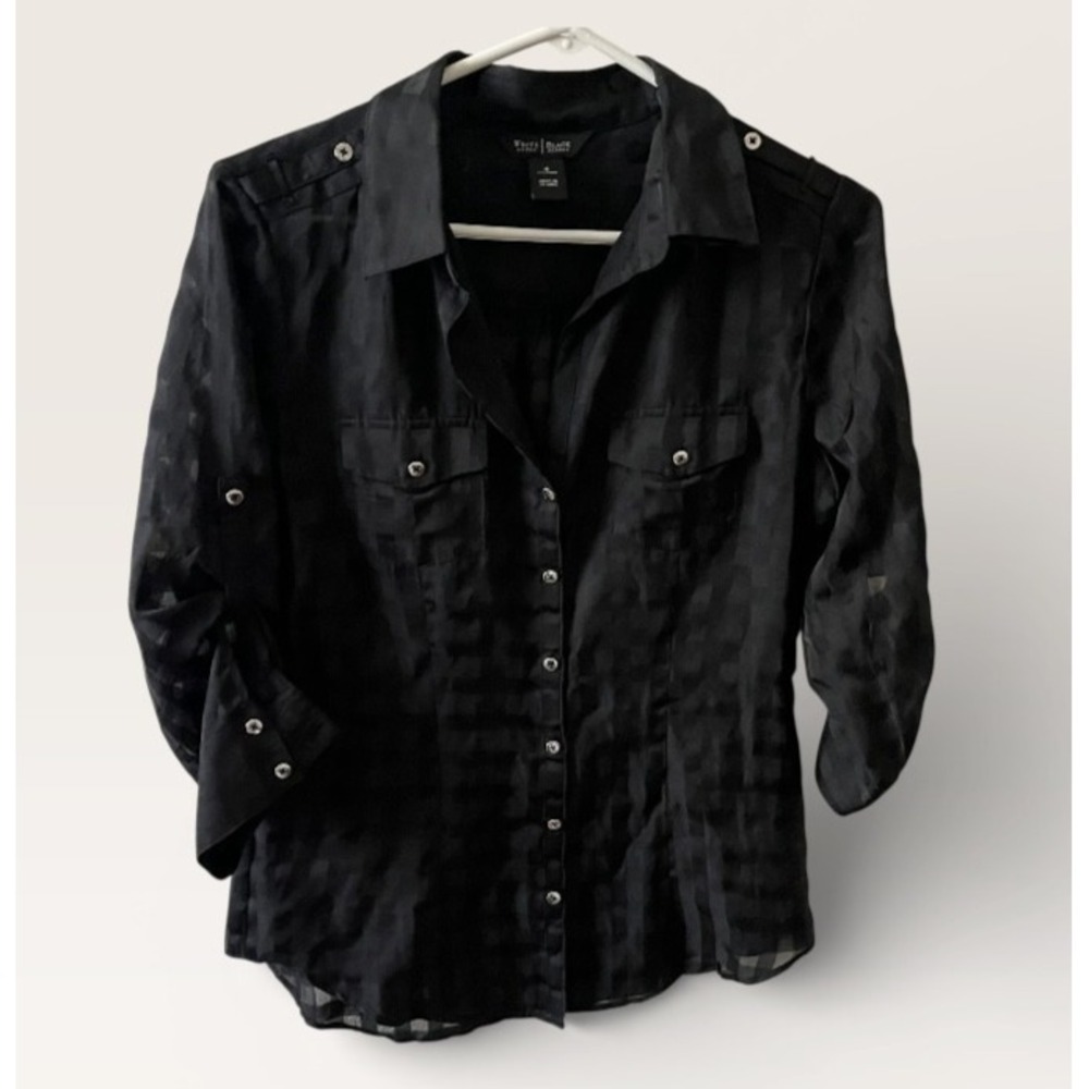 White House Black Market Black Button-Up Sheer Blouse
